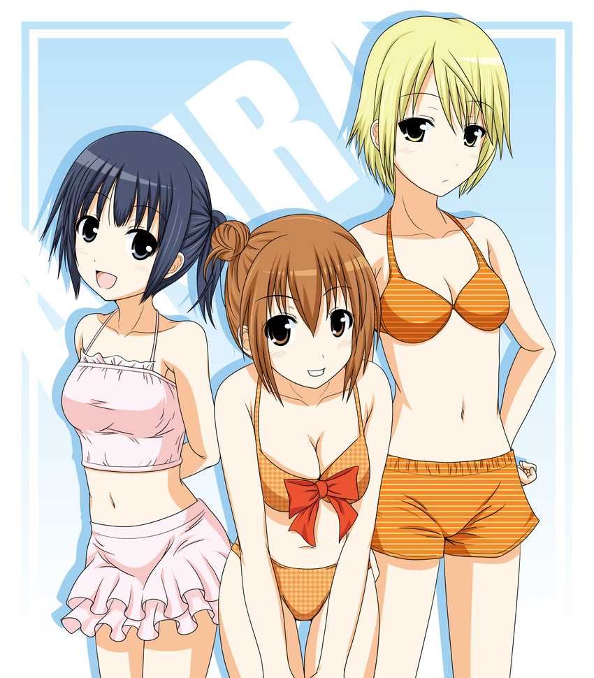 3girls aiura amaya_kanaka argyle argyle_bikini bikini bikini_shorts blonde_hair blue_eyes blue_hair bow_bra breasts brown_eyes brown_hair cleavage front-tie_bikini front-tie_top iwasawa_saki kk-sk-ray large_breasts multiple_girls navel open_mouth orange_bikini pink_bikini short_hair side_bun smile striped_bikini swimsuit uehara_ayuko yellow_eyes