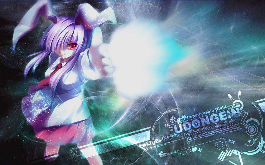 animal_ears arm_up blue_background breasts bunny_ears character_name character_profile closed_mouth collared_shirt copyright_name english eyebrows_visible_through_hair firing floating_hair foreshortening from_above glowing hair_over_one_eye highres imperishable_night light light_particles light_rays long_hair long_sleeves looking_at_viewer looking_up medium_breasts motion_blur necktie outstretched_arm photokinesis pink_skirt pleated_skirt pointing pointing_at_viewer purple_hair red_eyes red_neckwear reisen_udongein_inaba shirt sidelocks skirt smile solo standing tateha_(marvelous_grace) touhou wallpaper white_shirt wind