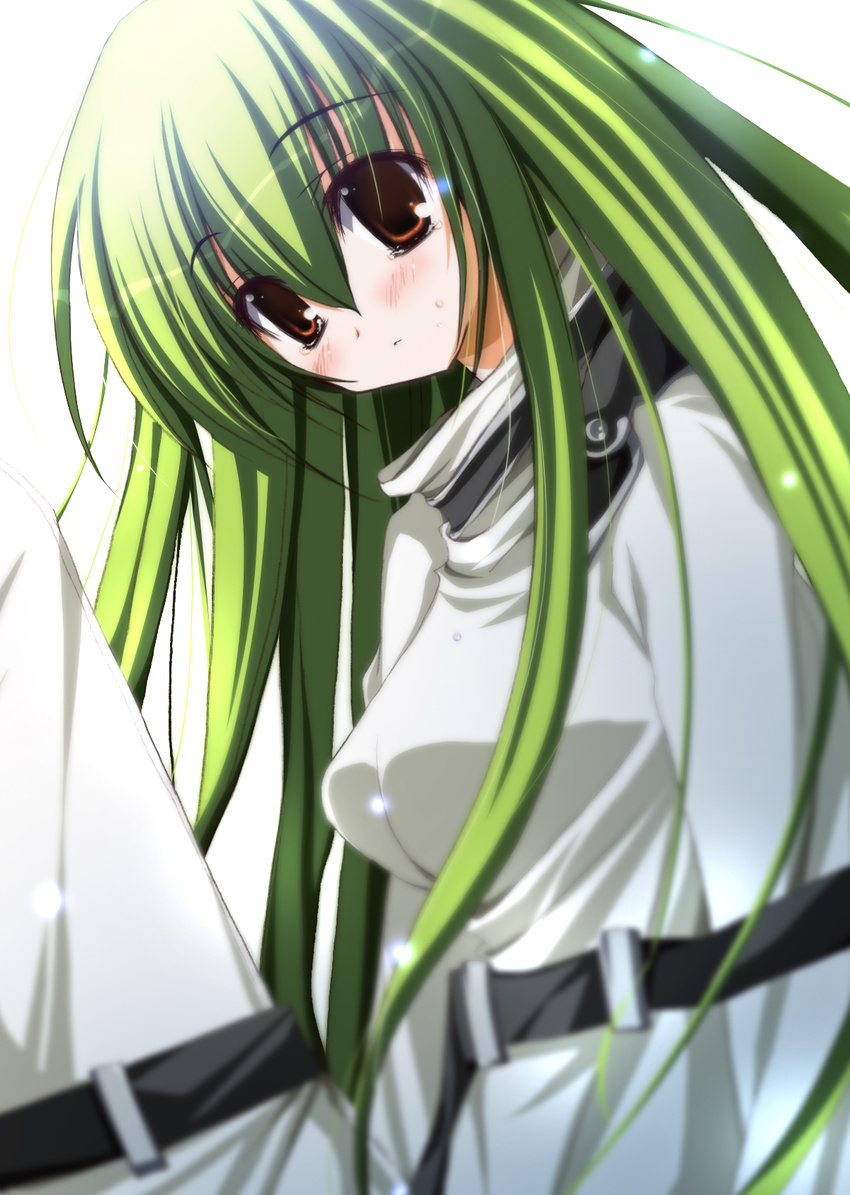 blush c.c. code_geass green_hair highres long_hair mizusawa_mimori solo straitjacket tears