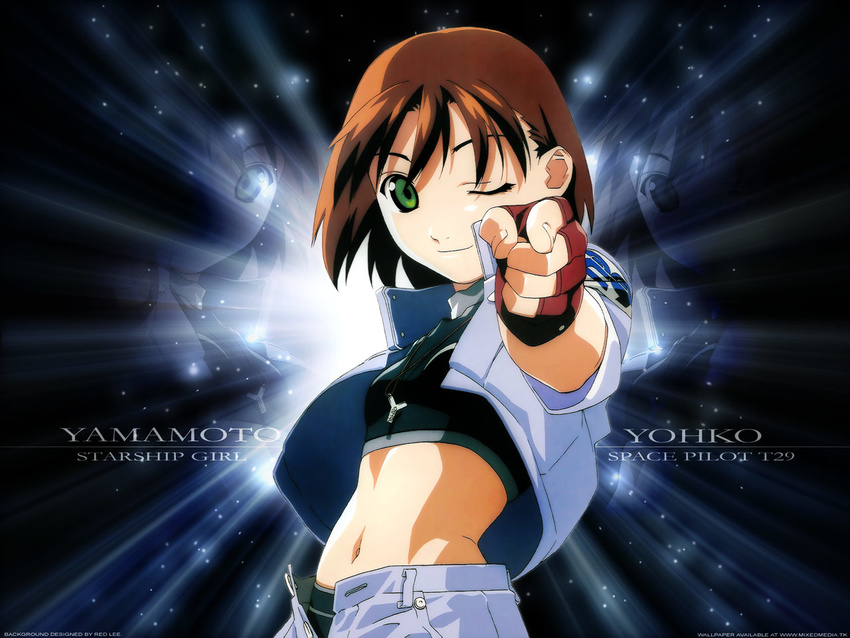 ;) artist_request black_gloves brown_hair buttons character_name fingerless_gloves gloves green_eyes jacket jewelry navel necklace one_eye_closed open_clothes open_fly open_jacket pendant pointing pointing_at_viewer short_hair smile solo soreyuke!_uchuu_senkan_yamamoto_youko tank_top unbuttoned unzipped upper_body wallpaper yamamoto_youko