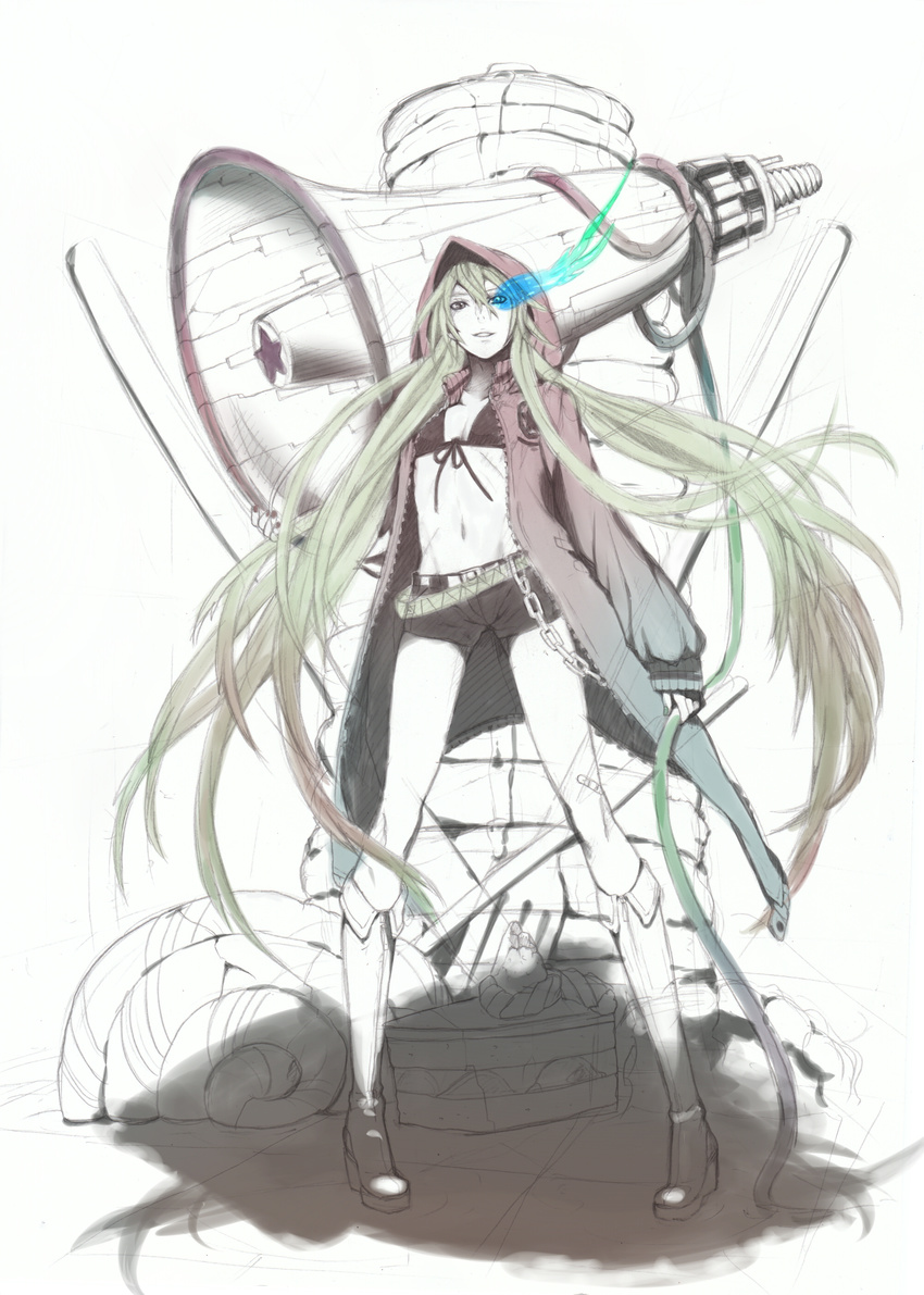 absurdres black_rock_shooter black_rock_shooter_(character) black_rock_shooter_(character)_(cosplay) blonde_hair boots burning_eye chain cosplay hatsune_miku highres legs long_hair megaphone nayu oversized_object shorts solo vocaloid