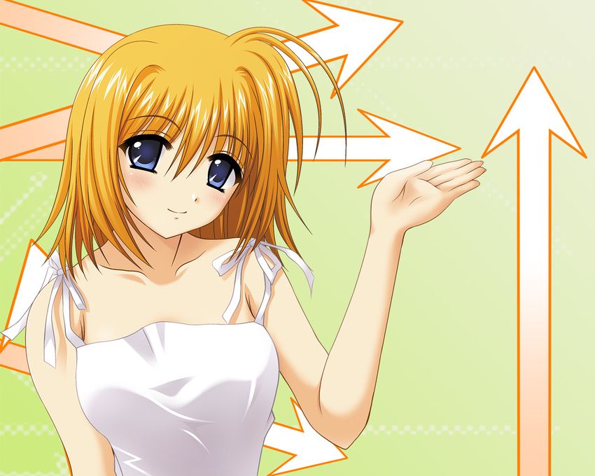 antenna_hair arm_at_side bangs bare_shoulders blue_eyes blush breasts checkered checkered_background closed_mouth collarbone directional_arrow eyebrows_visible_through_hair fuyou_kaede gradient gradient_background green_background hair_between_eyes hand_up head_tilt light_smile looking_at_viewer medium_breasts nishimata_aoi official_art orange_hair ribbon shiny shiny_hair short_hair shuffle! solo spaghetti_strap upper_body wallpaper white_ribbon