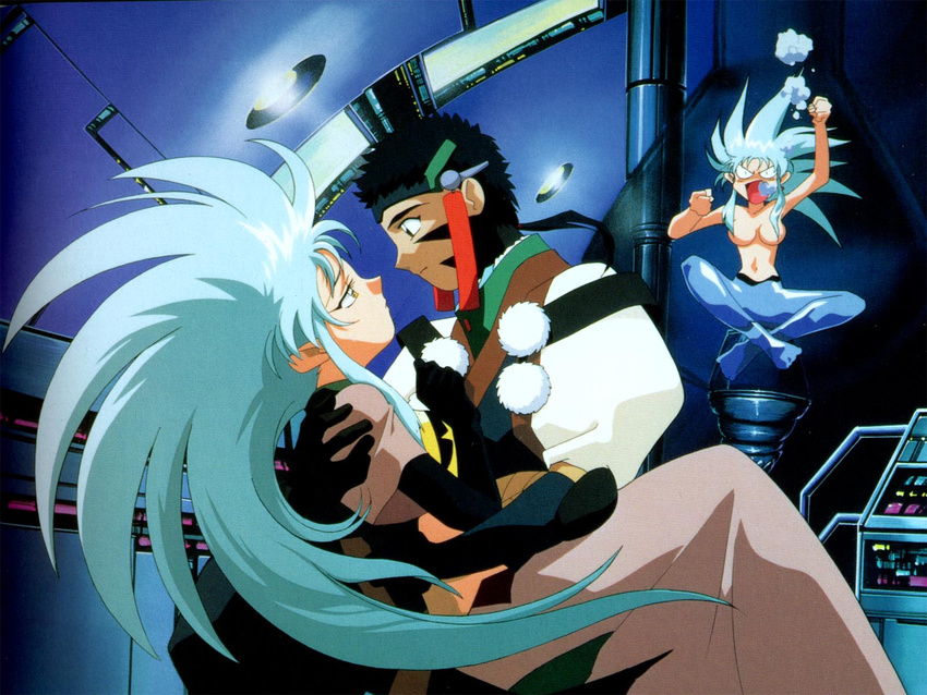 2girls 90s artist_request black_hair blue_hair brown_eyes couple hetero highres hug jpeg_artifacts masaki_tenchi multiple_girls ryouko_(tenchi_muyou!) scan scan_artifacts spiked_hair tenchi_muyou! wallpaper yellow_eyes zero_(tenchi_muyou!)