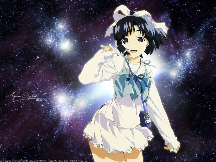 :d artist_request black_hair blue_bow blue_eyes blue_neckwear bow bowtie contrapposto dress hakuhouin_ayano long_sleeves looking_at_viewer open_mouth short_hair smile solo soreyuke!_uchuu_senkan_yamamoto_youko space standing star_(sky) wallpaper white_dress
