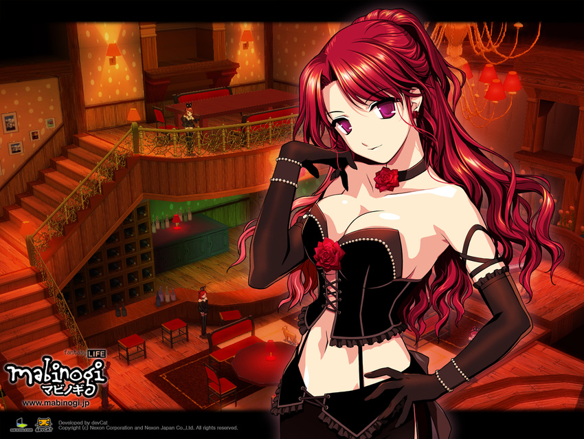 breasts cleavage duplicate elbow_gloves gloves large_breasts long_hair mabinogi red_hair rua solo wallpaper