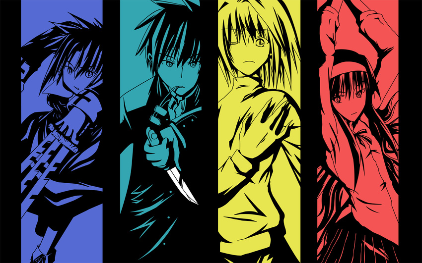 3girls arcueid_brunestud between_fingers black_keys ciel column_lineup high_contrast highres knife multiple_girls multiple_monochrome pillarboxed toono_akiha toono_shiki tsukihime vector_trace wallpaper