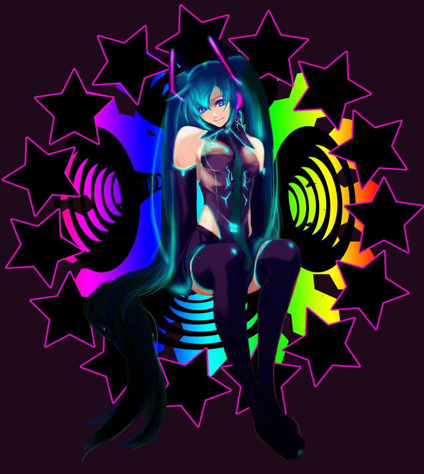 bad_id bad_pixiv_id blue_eyes blue_hair detached_sleeves hatsune_miku highres long_hair nayu necktie neon_trim sitting smile solo thighhighs twintails vocaloid