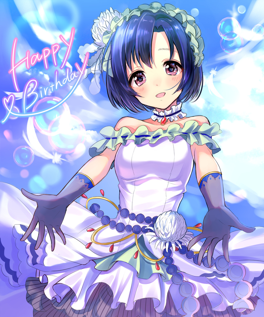 blue_hair blush cloud dress feathers flower frills gloves happy_birthday highres idolmaster idolmaster_cinderella_girls purple_eyes satoimo_chika shiragiku_hotaru short_hair sky smile solo