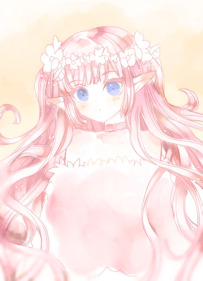 1girl atobesakunolove bangs blue_eyes choker commentary copyright_request dress eyebrows_visible_through_hair head_wreath highres long_hair looking_at_viewer parted_lips pink_choker pink_dress pink_hair pointy_ears sketch solo symbol_commentary upper_body very_long_hair yellow_background