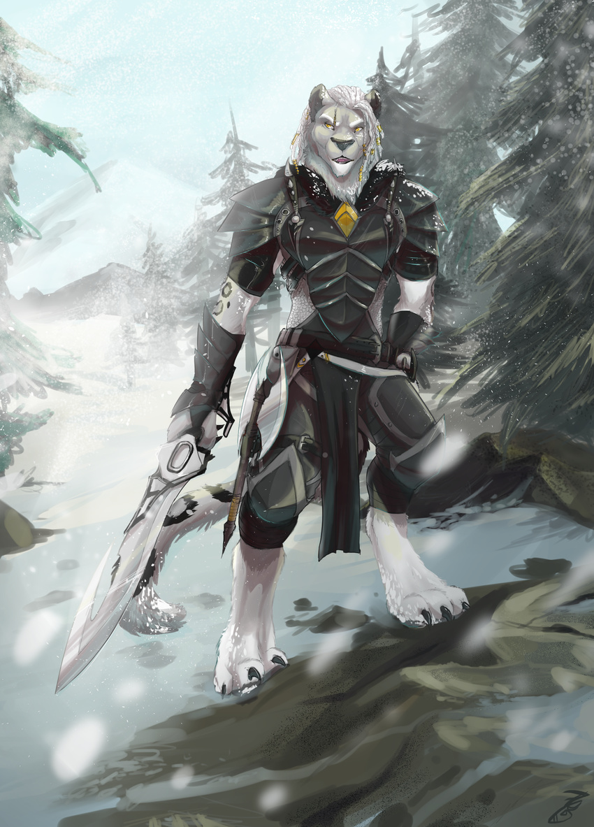 armor axe battle ctrl_alt_spiff ctrl_alt_yiff dreds feline forest leopard mammal melee_weapon snow snow_leopard sword tree weapon