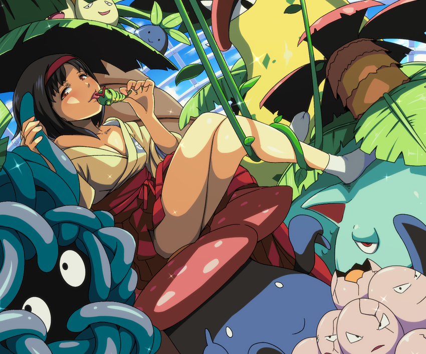 1girl black_hair breasts brown_eyes caterpie erika_(pokemon) exeggcute exeggutor gym_leader hairband japanese_clothes kimono licking oddish pokemon tangela tongue_out venusaur victreebel vileplume yoshitora