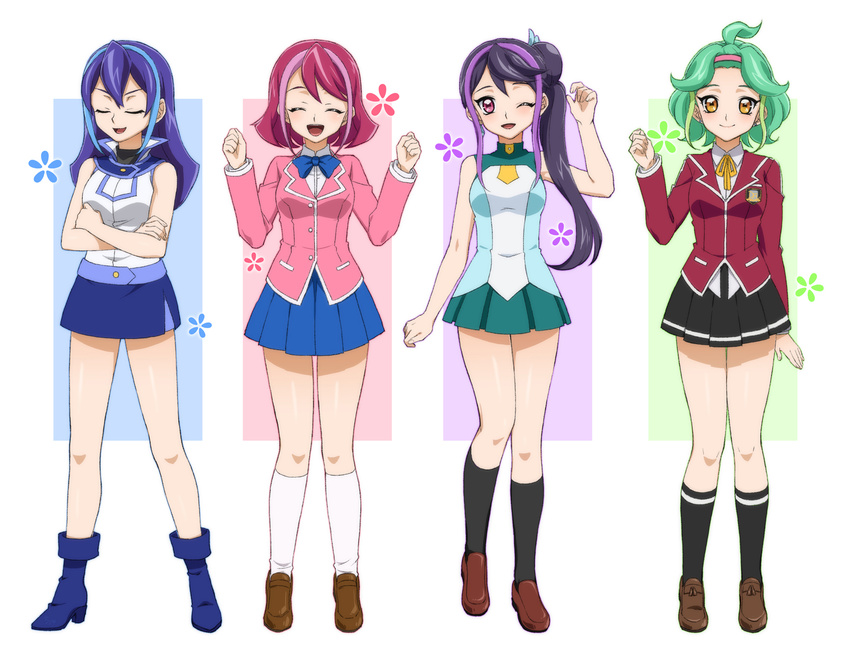 ;d alternate_hairstyle bad_id bad_pixiv_id blazer blue_hair bracelet_girls chiyo_(no3baki) closed_eyes domino_high_school_uniform earrings green_hair hair_down hairband highres hiiragi_yuzu jacket jewelry kurosaki_ruri multiple_girls one_eye_closed open_mouth pink_eyes pink_hair purple_hair rin_(yuu-gi-ou_arc-v) school_uniform serena_(yuu-gi-ou_arc-v) sleeveless smile yellow_eyes yuu-gi-ou yuu-gi-ou_5d's yuu-gi-ou_duel_monsters yuu-gi-ou_gx yuu-gi-ou_zexal