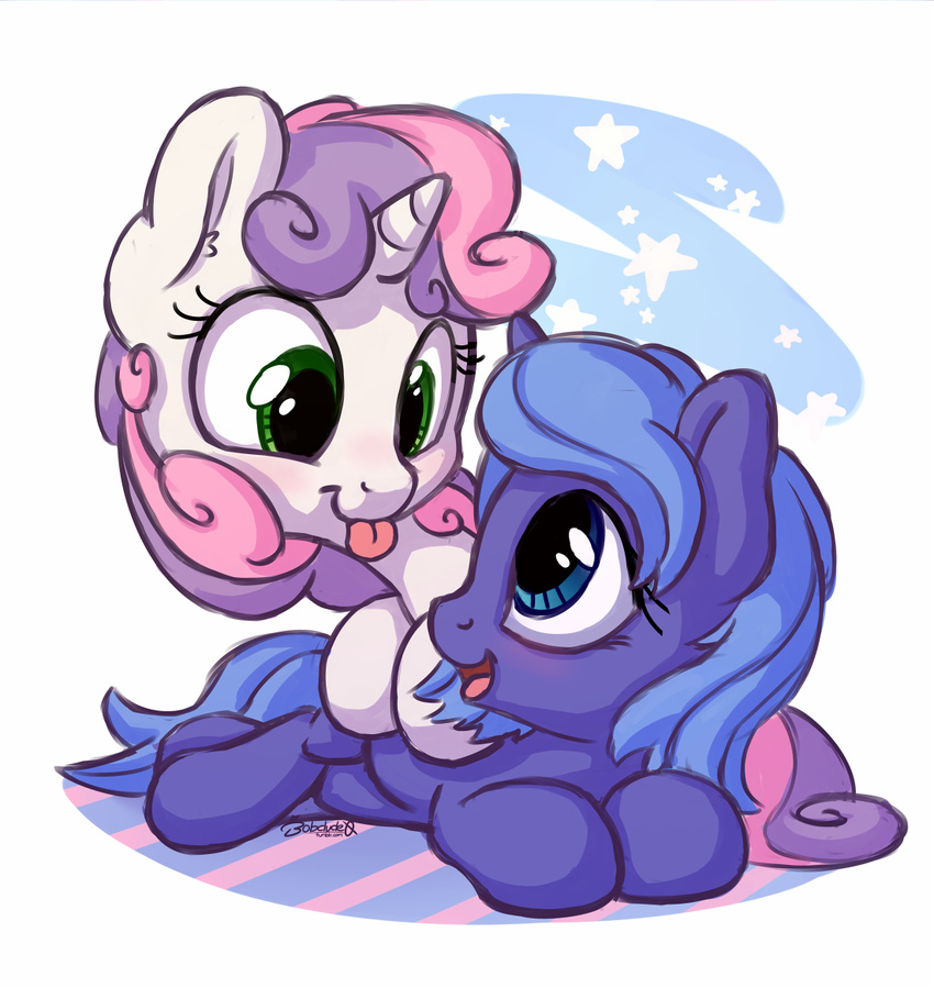 2016 blue_eyes blue_hair bobdude0 duo equine eye_contact female feral friendship_is_magic green_eyes hair hooves horn lying mammal multicolored_hair my_little_pony open_mouth pink_hair princess_luna_(mlp) purple_hair tongue tongue_out two_tone_hair unicorn young