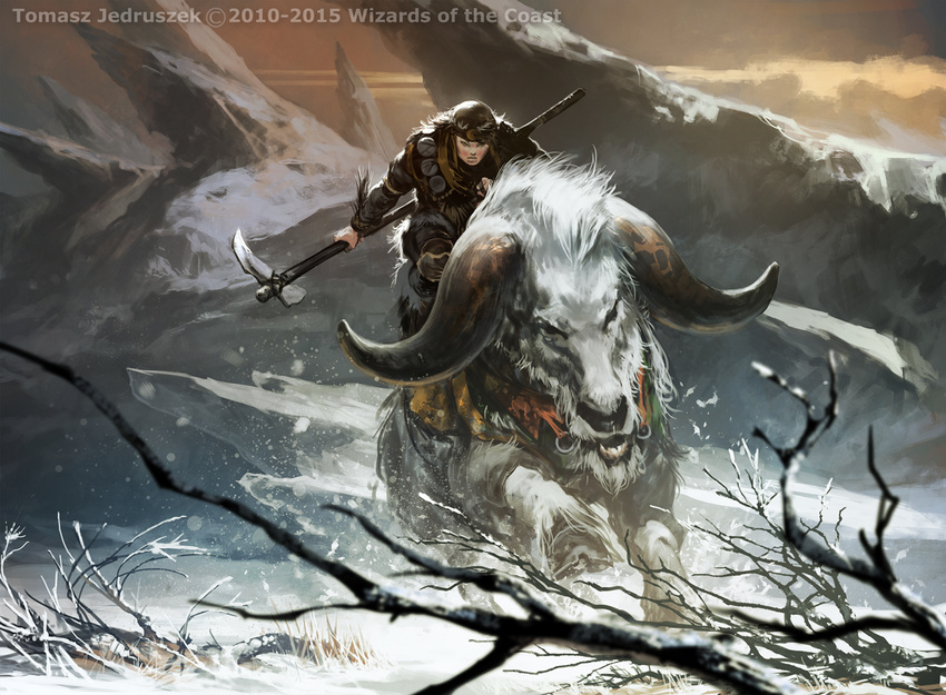 branch caprine charging copyright female feral holding_object holding_weapon hooves horn human landscape looking_at_viewer mammal quadruped riding temur tomasz_jedruszek warrior weapon winter