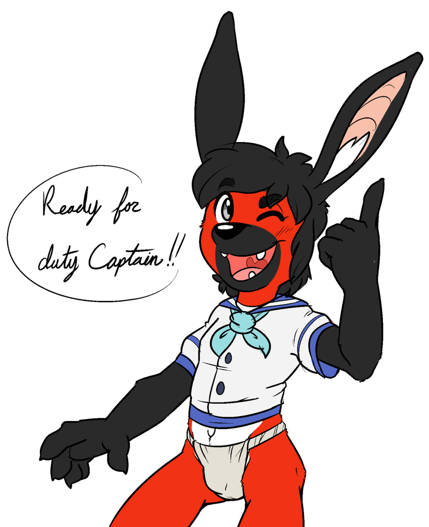 aliasing anthro blush bulge clothing cub dialogue english_text flat_colors front_view fundoshi japanese_clothing kangaroo male mammal marsupial midriff navel one_eye_closed open_mouth pointing raised_arm sailor_uniform solo speech_bubble text tonio tonio_(artist) underwear wink young