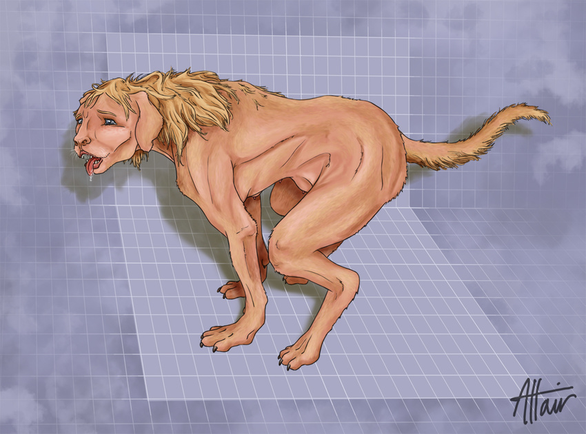altairtf blonde_hair blue_eyes breasts canine claws digitigrade dog drooling female feral fur hair hindpaw human hybrid mammal nipples nude open_mouth paws saliva solo teeth tongue tongue_out transformation what_has_science_done whiskers