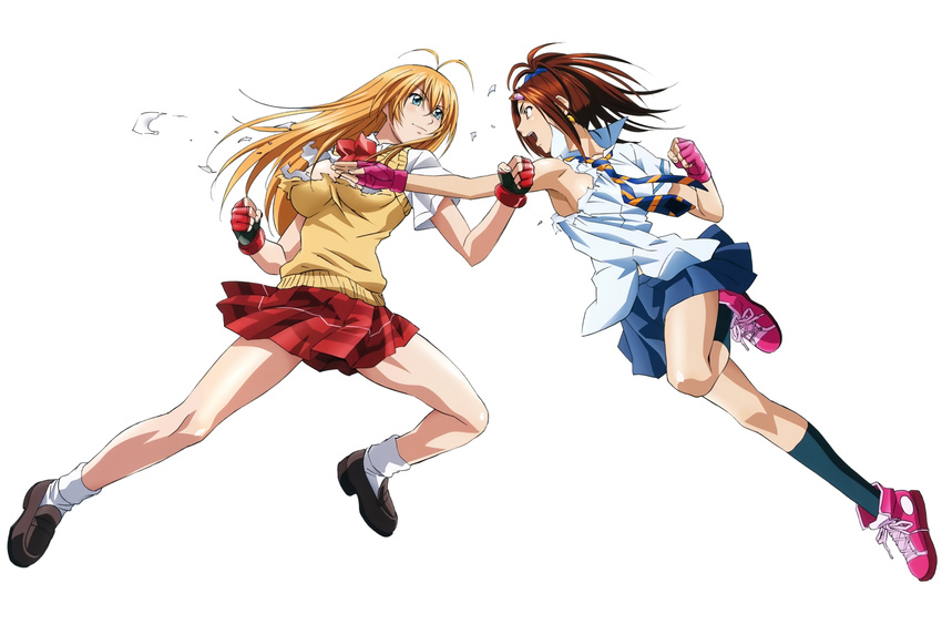 2girls absurdres antenna_hair bachou_mouki blonde_hair blue_eyes brown_hair earrings fingerless_gloves full_body gloves gotou_junji hair_ornament hairpin happy highres ikkitousen ikkitousen_xtreme_xecutor jewelry long_hair multiple_girls necktie smile sonsaku_hakufu torn_clothes white_background