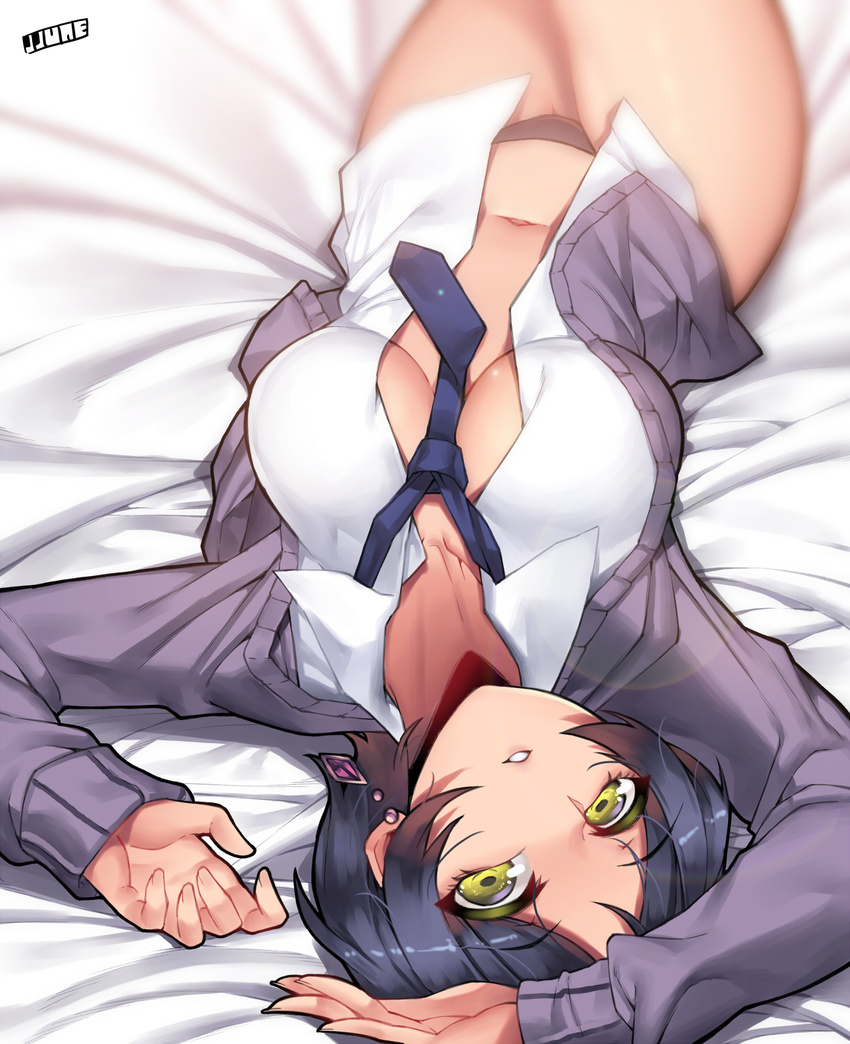 1girl black_hair black_panties breasts cardigan center_opening earrings hayami_kanade highres idolmaster idolmaster_cinderella_girls jewelry jjune large_breasts long_sleeves looking_at_viewer loose_necktie lying navel necktie no_bra no_pants on_back open_cardigan open_clothes panties solo underwear upside-down yellow_eyes