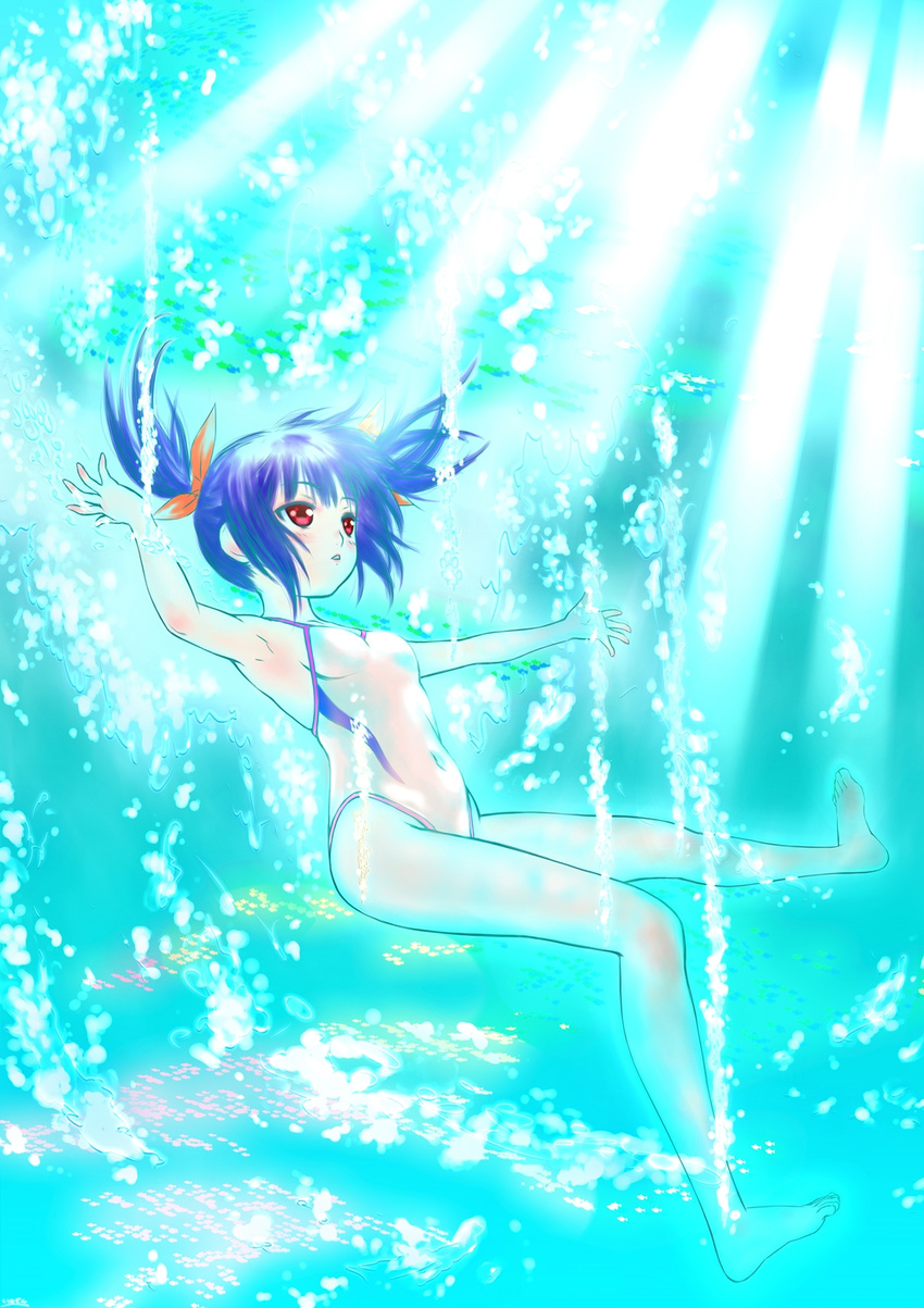 1girl blue_hair competition_swimsuit freediving highres kurimuzon one-piece_swimsuit original red_eyes short_hair solo swimsuit twintails underwater