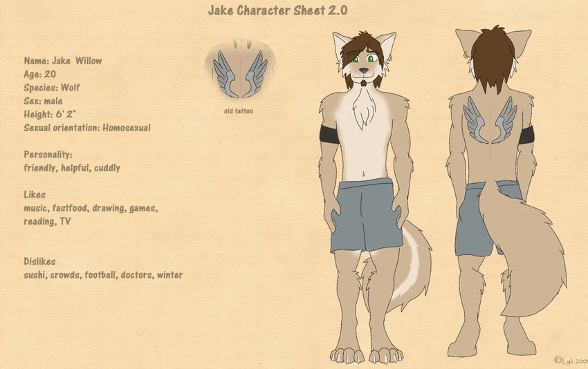 canine clothed clothing ear_piercing jake_willow lyk mammal model_sheet piercing shorts solo standfing tattoo wolf