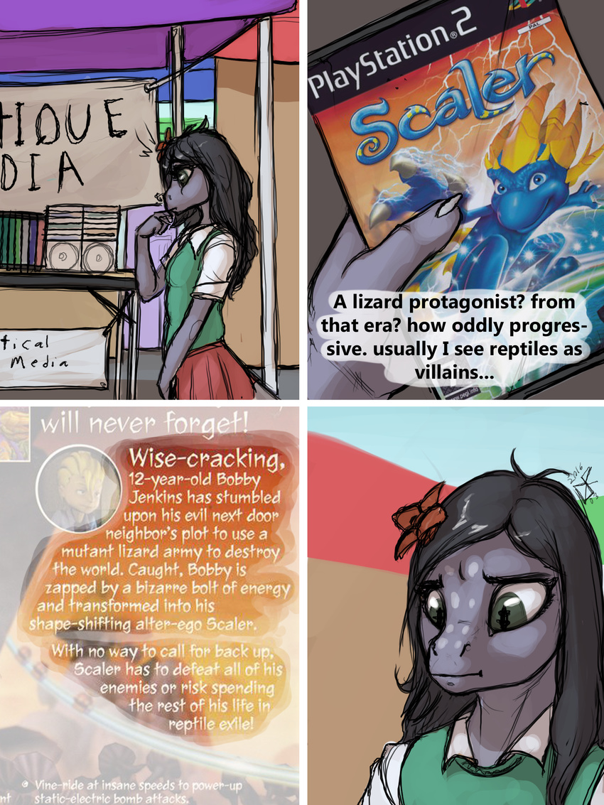 aged_down black_hair clothed clothing comic dialogue english_text female flower frown grey_eyes hair ldr lizard long_hair plant reptile scaler_(game) scalie solo text the_assistant