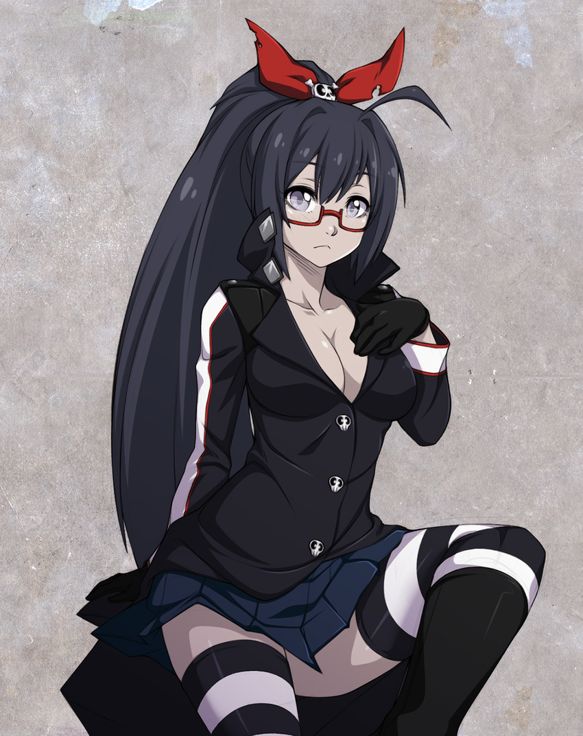 1girl :&lt; ahoge alternate_breast_size alternate_hairstyle alternate_legwear bespectacled black_gloves boots breasts cleavage fearless_night glasses gloves hair_ornament hair_ribbon high_collar highres knee_boots long_coat long_hair looking_at_viewer no_bra pale_skin pleated_skirt poco_muerte red-framed_glasses red_eyes ribbon semi-rimless_glasses sitting skirt skull_hair_ornament smile solo spike_wible striped striped_legwear thighhighs thighs under-rim_glasses