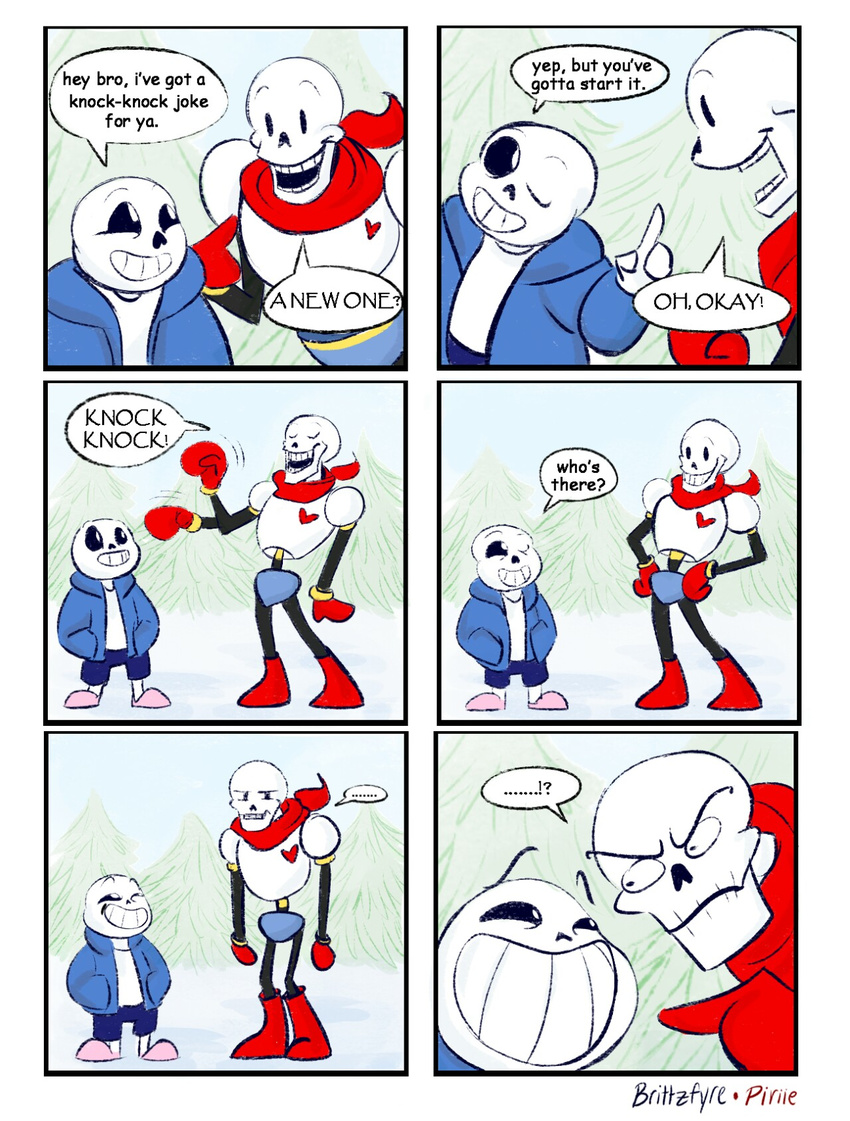 animated_skeleton armor bittzfyre bone boots clothed clothing comic footwear gloves hoodie male papyrus_(undertale) piirie sans_(undertale) scarf skeleton skull smile undead undertale video_games