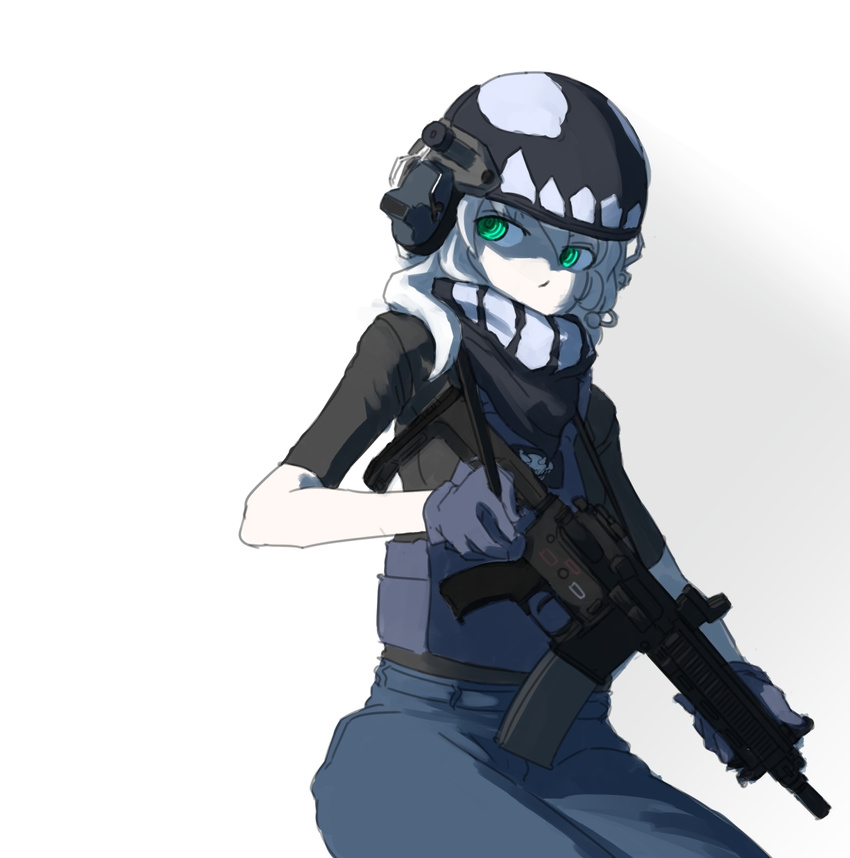 adapted_costume assault_rifle body_armor bulletproof_vest ear_protection female gradient gradient_background green_eyes gun helmet highres kantai_collection operator rifle sate shinkaisei-kan sling solo weapon white_background white_hair wo-class_aircraft_carrier