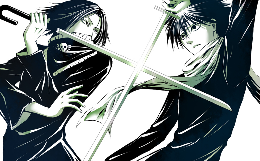 2boys covered_mouth creator_connection crossover feitan fighting headband hiei hunter_x_hunter male_focus monochrome multiple_boys scarf sword weapon yukino_(0722) yuu_yuu_hakusho