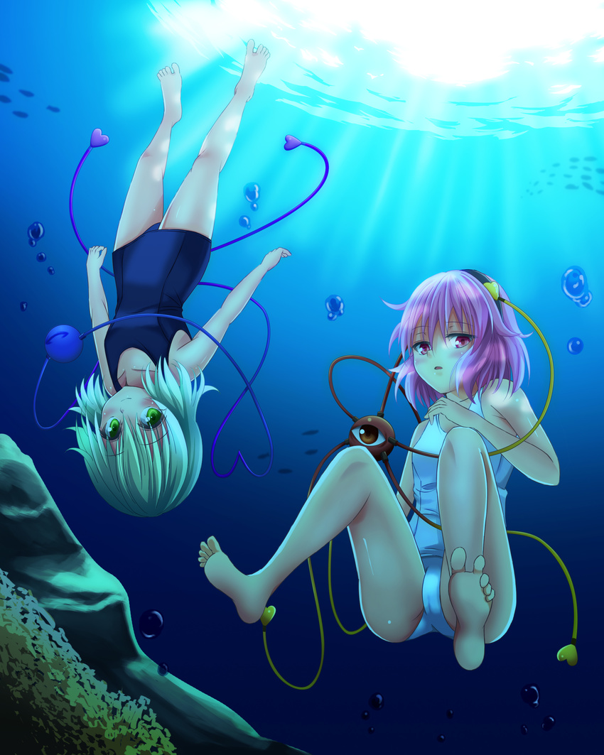 2girls absurdres air_bubble bare_legs bare_shoulders blush bubble collarbone feet freediving green_eyes green_hair hairband hand_on_own_chest heart heart_of_string highres holding_breath komeiji_koishi komeiji_satori light_rays looking_at_viewer multiple_girls one-piece_swimsuit pink_eyes pink_hair school_swimsuit short_hair siblings sisters small_breasts smile soles swimming swimsuit tekku_(07201115) third_eye touhou underwater upside-down white_school_swimsuit white_swimsuit