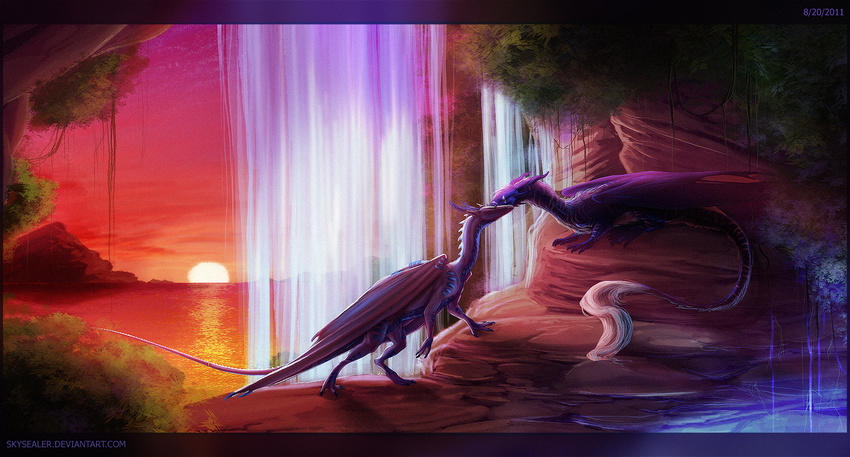 2011 ambiguous/ambiguous ambiguous_gender byzil detailed_background dragon duo feral hi_res scalie sky skysealer sun sunset water waterfall