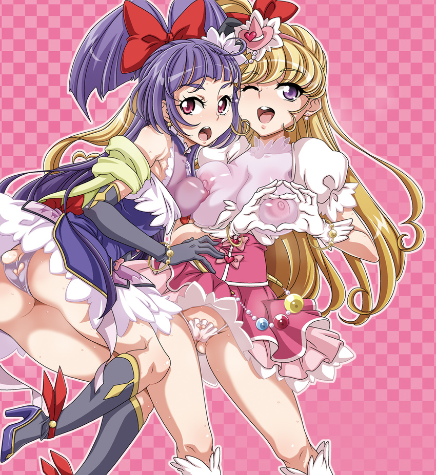2girls :o asahina_mirai ass ass_cutout ass_visible_through_thighs black_boots black_gloves black_hat blonde_hair boots bow bracelet breasts capelet checkered checkered_background cowboy_shot cure_magical cure_miracle gloves gluteal_fold hair_bow hat heart heart_hands highres izayoi_riko jewelry knee_boots large_breasts long_hair looking_at_viewer magical_girl mahou_girls_precure! micro_panties mini_hat mini_witch_hat multiple_girls nipples nori_(akusei_shinseibutsu) panties pink_background pink_hat pink_skirt precure puffy_sleeves purple_eyes purple_hair purple_panties purple_skirt red_bow riko_(mahou_girls_precure!) see-through sideboob skirt smile underwear white_gloves white_panties witch_hat
