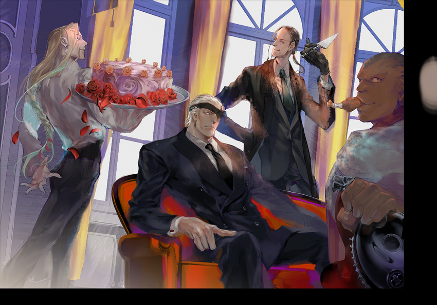 4boys alcohol alternate_hair_color balrog blonde_hair bottle braid cake dark_skin dark_skinned_male eyepatch f.a.n.g fabulous food formal fried_chicken hideaki long_hair m_bison male_focus monocle multiple_boys single_braid street_fighter street_fighter_v suit vega very_dark_skin white_hair