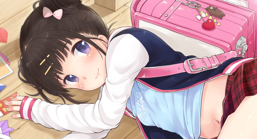 1girl backpack bag black_hair blush double_bun hair_bun hair_ornament hairclip highres jacket long_hair looking_at_viewer lying navel on_floor on_side original purple_eyes randoseru ribbon shirt skirt smile solo yukiu_kon