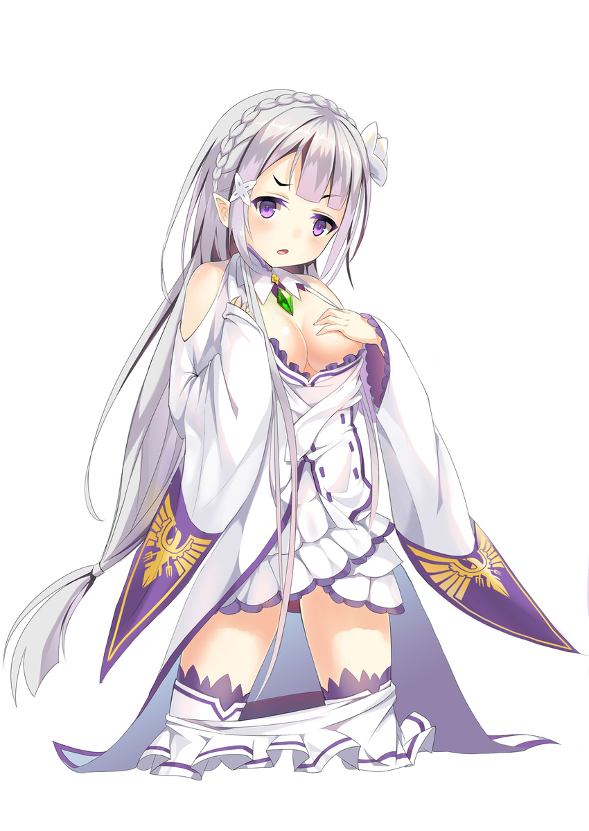 1girl artist_request bangs bare_shoulders braid breasts covering dress emilia_(re:zero) flower frown gem hair_flower hair_ornament highres long_hair long_sleeves looking_at_viewer open_mouth pointy_ears purple_eyes re:zero_kara_hajimeru_isekai_seikatsu silver_hair skirt skirt_pull solo thighhighs very_long_hair white_background white_legwear wide_sleeves