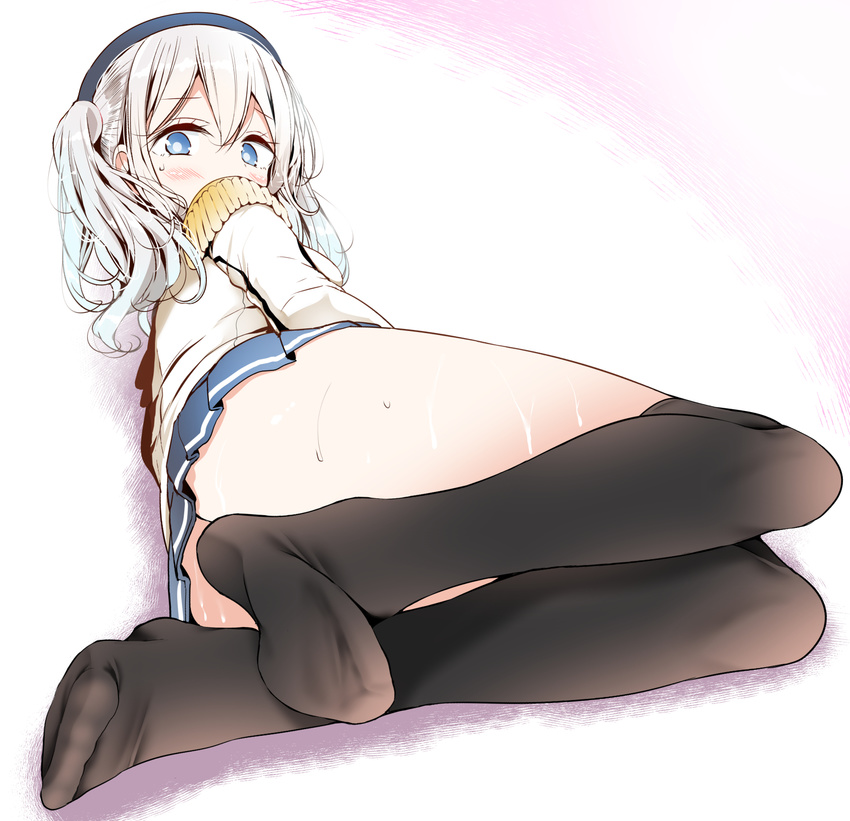 1girl ass black_legwear blue_eyes epaulettes feet hat highres jacket kantai_collection kashima_(kancolle) kashima_(kantai_collection) long_sleeves looking_at_viewer lying military military_uniform no_shoes nopan on_side oouso oouso_(usotsukiya) over-kneehighs pleated_skirt pov_feet silver_hair skirt soles solo sweat thighhighs thighs twintails uniform