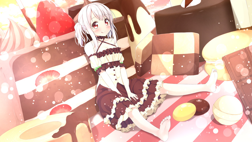 bare_shoulders barefoot blush bow buttons cake candy checkerboard_cookie chocolate chocolate_bar collar collarbone cookie detached_sleeves dress food frilled_dress frills fruit highres karutamo looking_at_viewer one_side_up original pudding red_eyes sidelocks silver_hair sitting slice_of_cake smile solo strawberry strawberry_shortcake tisshu_(karutamo) tongue tongue_out v_arms