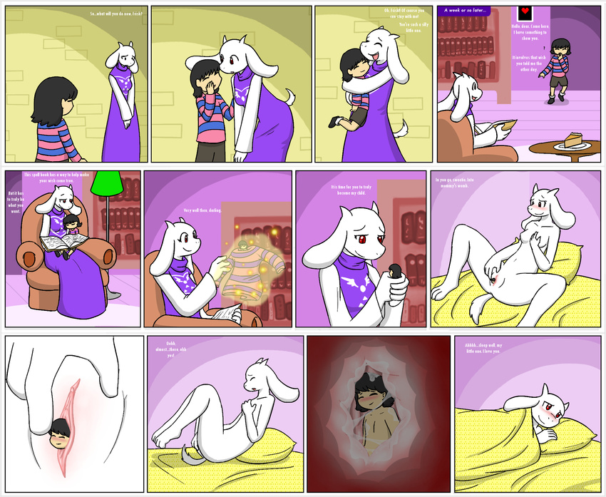 anthro blush book boss_monster breasts caprine clothed clothing comic duo english_text female fingering fur goat hair horn human internal livinlovindude male male/female mammal micro nude open_mouth penetration protagonist_(undertale) pussy pussy_juice red_eyes shrinking size_difference text toriel unbirthing undertale vaginal vaginal_penetration video_games vore white_fur