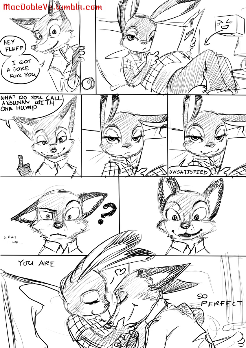 &lt;3 2016 anthro belly big_belly canine clothing comic disney duo english_text eyes_closed female fur half-closed_eyes humor judy_hopps lagomorph long_ears macdobleve mammal nick_wilde nuzzling pregnant rabbit sketch smile speech_bubble text zootopia