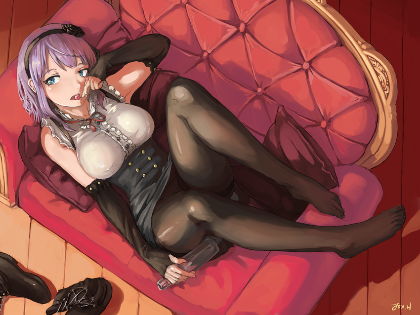:o armpits bare_shoulders black_flower black_footwear black_legwear black_rose black_skirt blouse blue_eyes blush breasts buttons center_frills collarbone couch dagashi_kashi detached_sleeves flower full_body hair_flower hair_ornament hairband high-waist_skirt highres holding jonathan_h knees_up large_breasts long_sleeves lying meme_attire nail_polish on_back on_couch open_mouth panties panties_under_pantyhose pantyhose pillow pink_hair red_nails rose shidare_hotaru shirt shoes shoes_removed short_hair skirt sleeveless sleeveless_blouse sleeveless_shirt solo thighband_pantyhose toenail_polish tsurime underwear virgin_killer_outfit white_blouse white_shirt