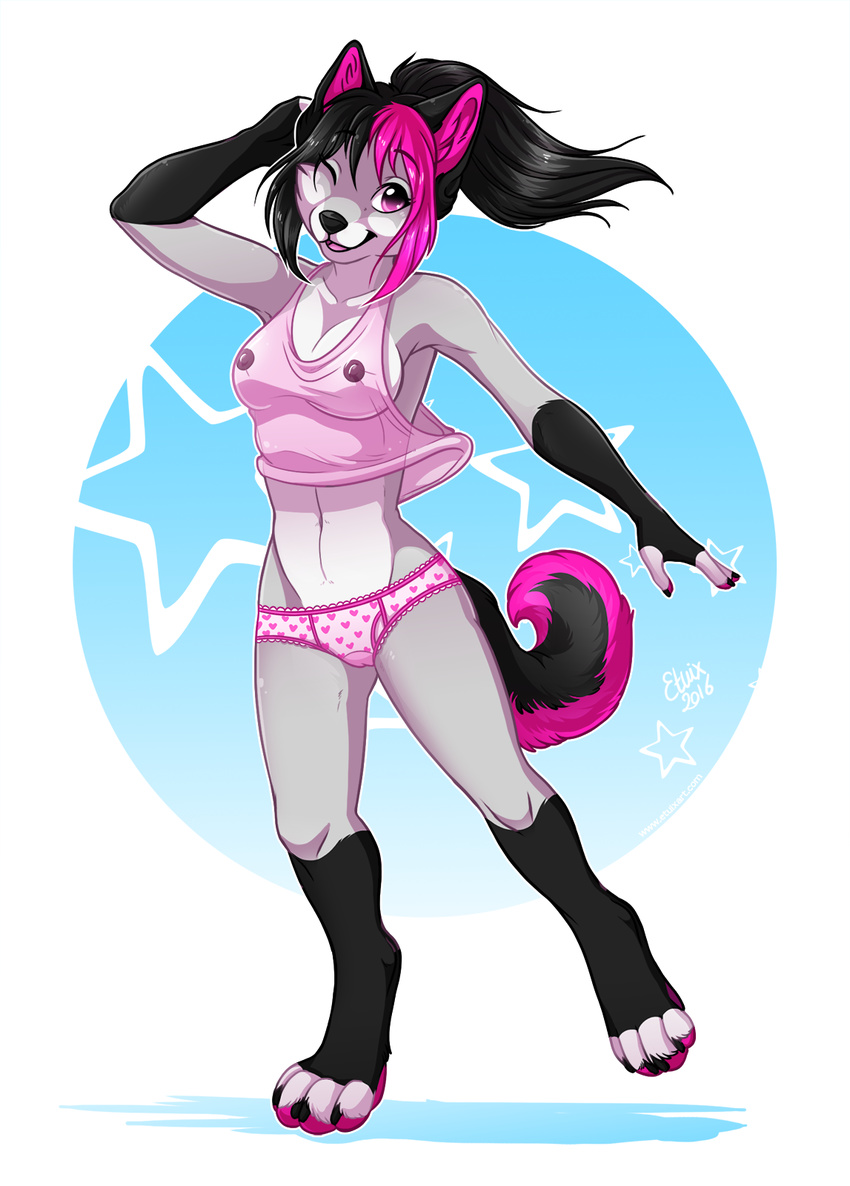 2016 anthro black_hair breasts canine clothed clothing coyote dog etuix female fur grey_fur hair hi_res husky hybrid looking_at_viewer mammal nipples open_mouth panties pink_hair pinup pose simple_background smile solo tongue underwear