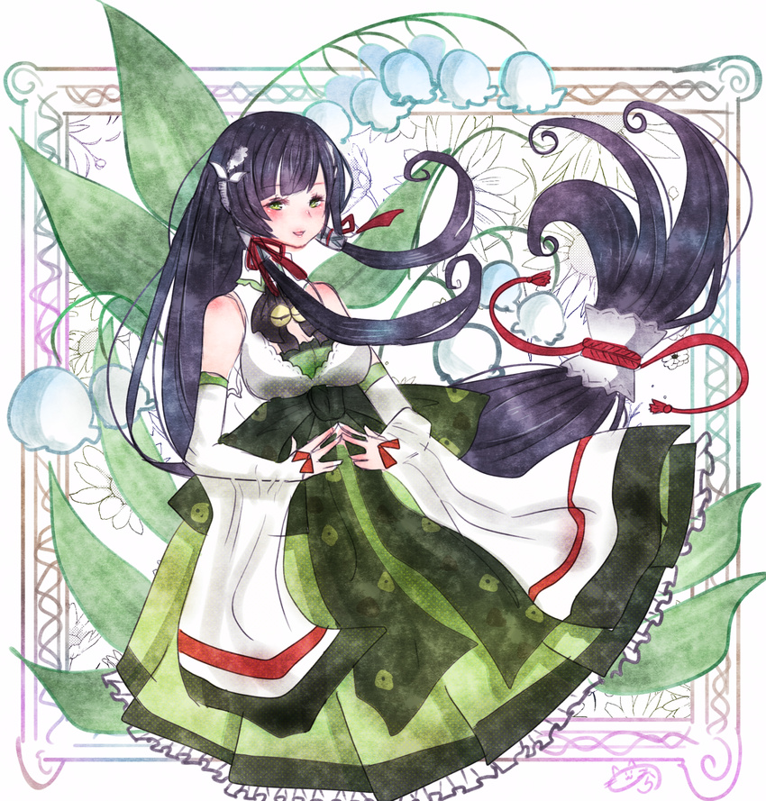 :d bare_shoulders black_hair bridal_gauntlets detached_sleeves dress floral_background flower furisode green_dress hair_ornament hair_ribbon hair_tubes hakama highres japanese_clothes kantai_collection kimono lily_of_the_valley long_hair looking_at_viewer low-tied_long_hair mizuho_(kantai_collection) nora_(salatto) obi open_mouth ribbon sash sidelocks smile solo very_long_hair