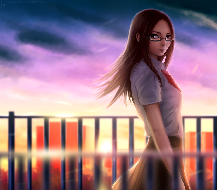 brown_eyes brown_hair forehead fushimi_chihiro glasses guard_rail highres lips long_hair miura-n315 parted_lips persona persona_3 rooftop school_uniform skirt smile solo sunset