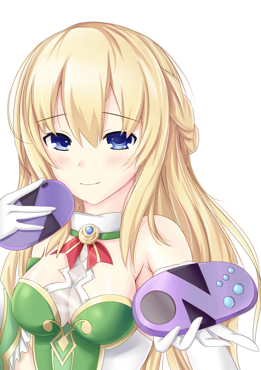 bare_shoulders blonde_hair blue_eyes blush breasts cleavage controller game_controller gamepad highres large_breasts long_hair looking_at_viewer muwa12 neptune_(series) smile solo vert very_long_hair