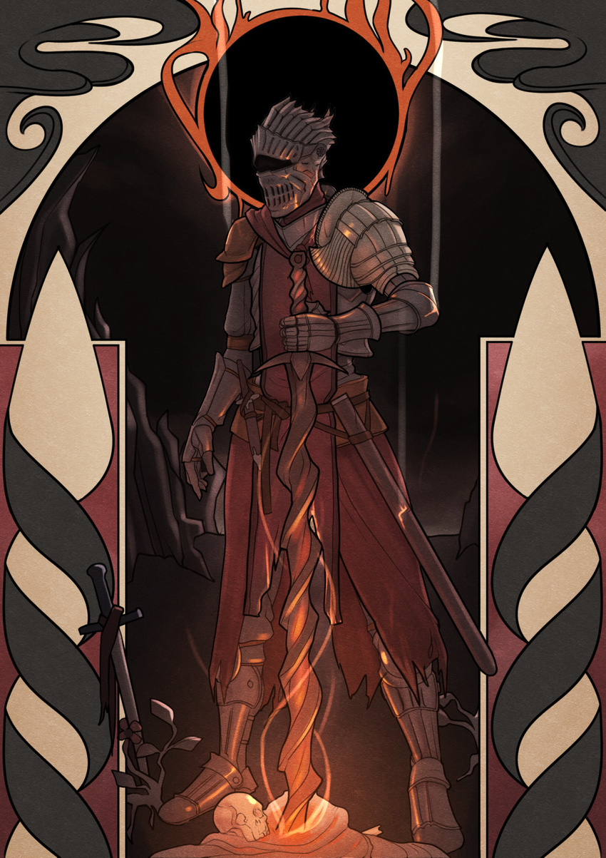 armor art_nouveau bad_id bad_tumblr_id dark_souls_iii full_armor glowing helmet highres john_doe male_focus no_eyes planted_sword planted_weapon plate_armor solo soul_of_cinder souls_(from_software) spoilers sword tabard weapon