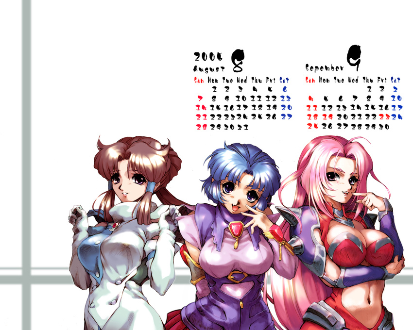 3girls :d ahoge armor august bangs blue_eyes blue_hair blunt_bangs breast_hold breasts brown_hair buttons calendar_(medium) center_opening cleavage_cutout detached_sleeves dress elbow_gloves fang finger_to_mouth gem gloves grin hair_bun hair_tubes hand_to_own_mouth head_tilt hisahiko kusuha_mizuha large_breasts leaning_forward lineup long_hair looking_at_viewer midriff minaki_tomine miniskirt multiple_girls naughty_face navel open_mouth parted_bangs pauldrons pink_hair pleated_skirt pointing ponytail purple_eyes selena_recital september sexually_suggestive short_hair sidelocks simple_background skirt smile spikes super_robot_wars the_3rd_super_robot_wars_alpha turtleneck upper_body vambraces very_long_hair wallpaper white_background