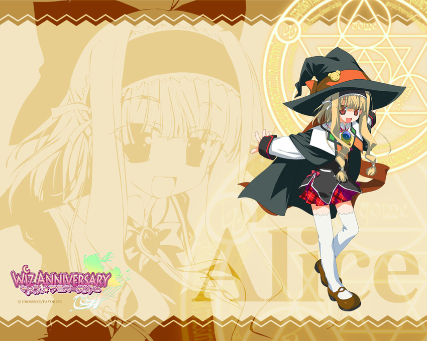 alice_alicetel_fernek blonde_hair cape character_name copyright_name hairband hat logo long_hair long_sleeves looking_at_viewer magic_circle miniskirt outstretched_arms plaid plaid_skirt red_eyes shida_kazuhiro skirt solo spread_arms thighhighs wallpaper white_legwear witch witch_hat wiz_anniversary yellow_background zettai_ryouiki zoom_layer