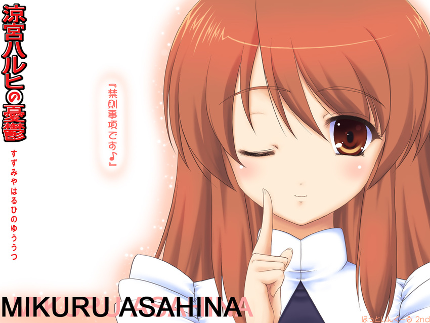 asahina_mikuru brown_hair character_name hotincool index_finger_raised maid one_eye_closed orange_eyes solo suzumiya_haruhi_no_yuuutsu wallpaper