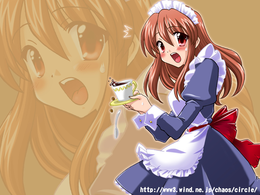 1girl apron asahina_mikuru bangs brown_hair c-chaos cup highres long_hair long_sleeves maid maid_headdress open_mouth solo suzumiya_haruhi_no_yuuutsu teeth wallpaper watermark web_address zoom_layer