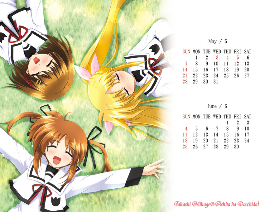 3girls blonde_hair brown_hair calendar_(medium) circle_formation closed_eyes fate_testarossa hair_ornament june long_sleeves lyrical_nanoha mahou_shoujo_lyrical_nanoha mahou_shoujo_lyrical_nanoha_a's mikage_takashi multiple_girls school_uniform seishou_elementary_school_uniform takamachi_nanoha twintails wallpaper x_hair_ornament yagami_hayate